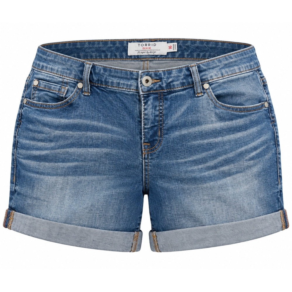 Torrid Denim Womens Size 16 Medium Wash Cuffed Jean Shorts Mid Rise Whiskered